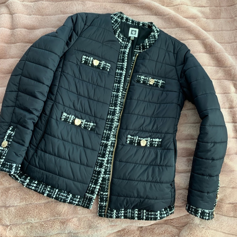 Anne Klein Navy Puffer Jacket with Tweed Details